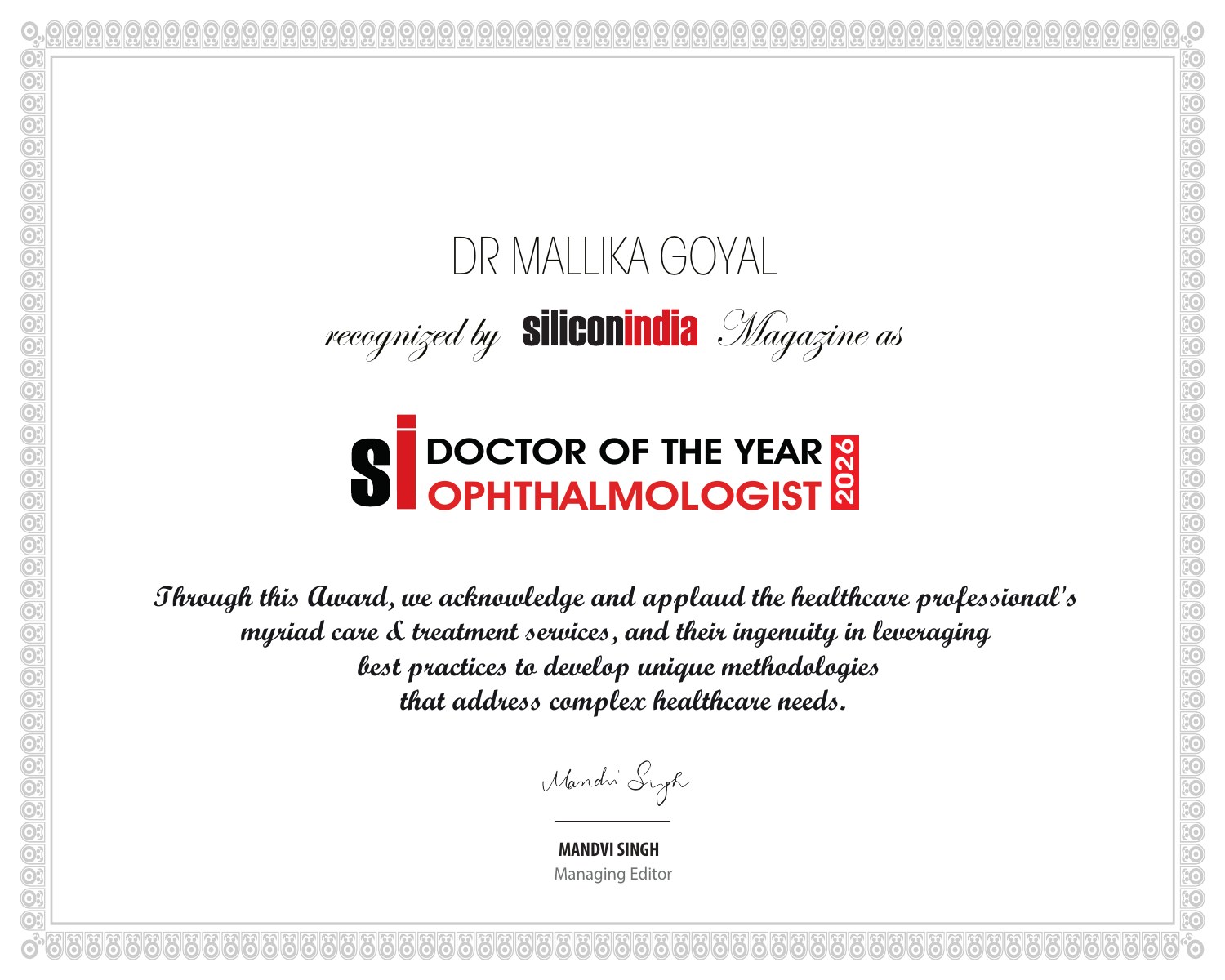 Silicon India Magazine Doctor of the Year 2026 Ophthalmologist certificate awarded to Dr. Mallika Goyal